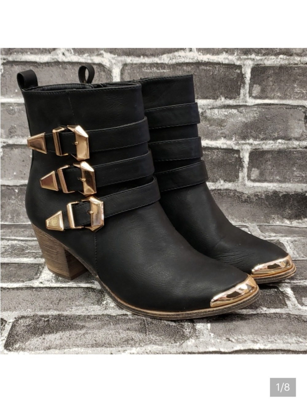 bucco Black Ankle Boots with Gold Buckles and Toe Caps
